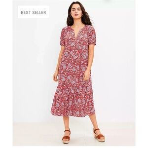 LOFT Red and White Ruffled Tiered Midi Sundress